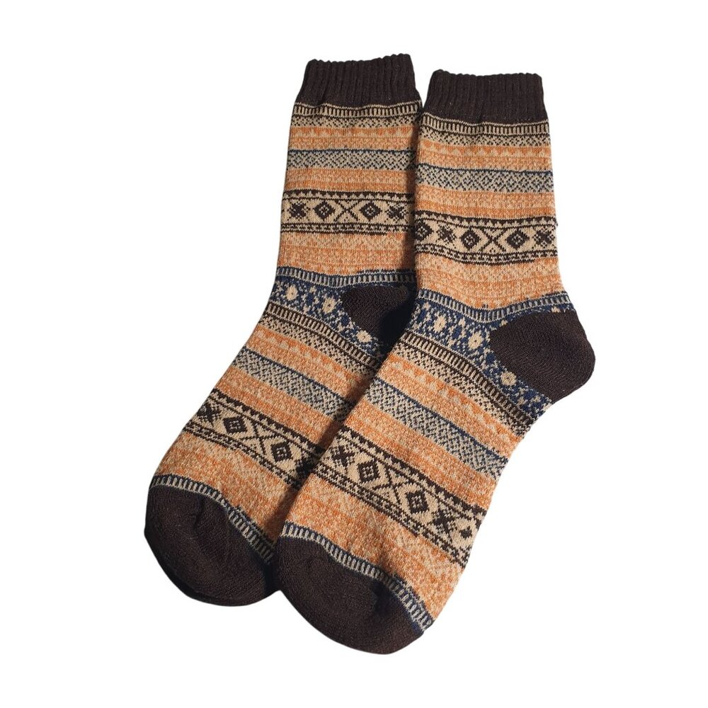 Cabin Core Style Men Warm Knit Socks Multicolor Orange Brown Diamond Winter Wear